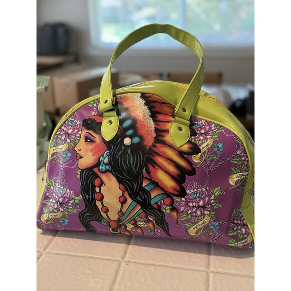 Ed Hardy Handbags - Ed Hardy Duffle/Bowling Bag True Love, Indian, Cross, Flowers Purple Yellow Y2K